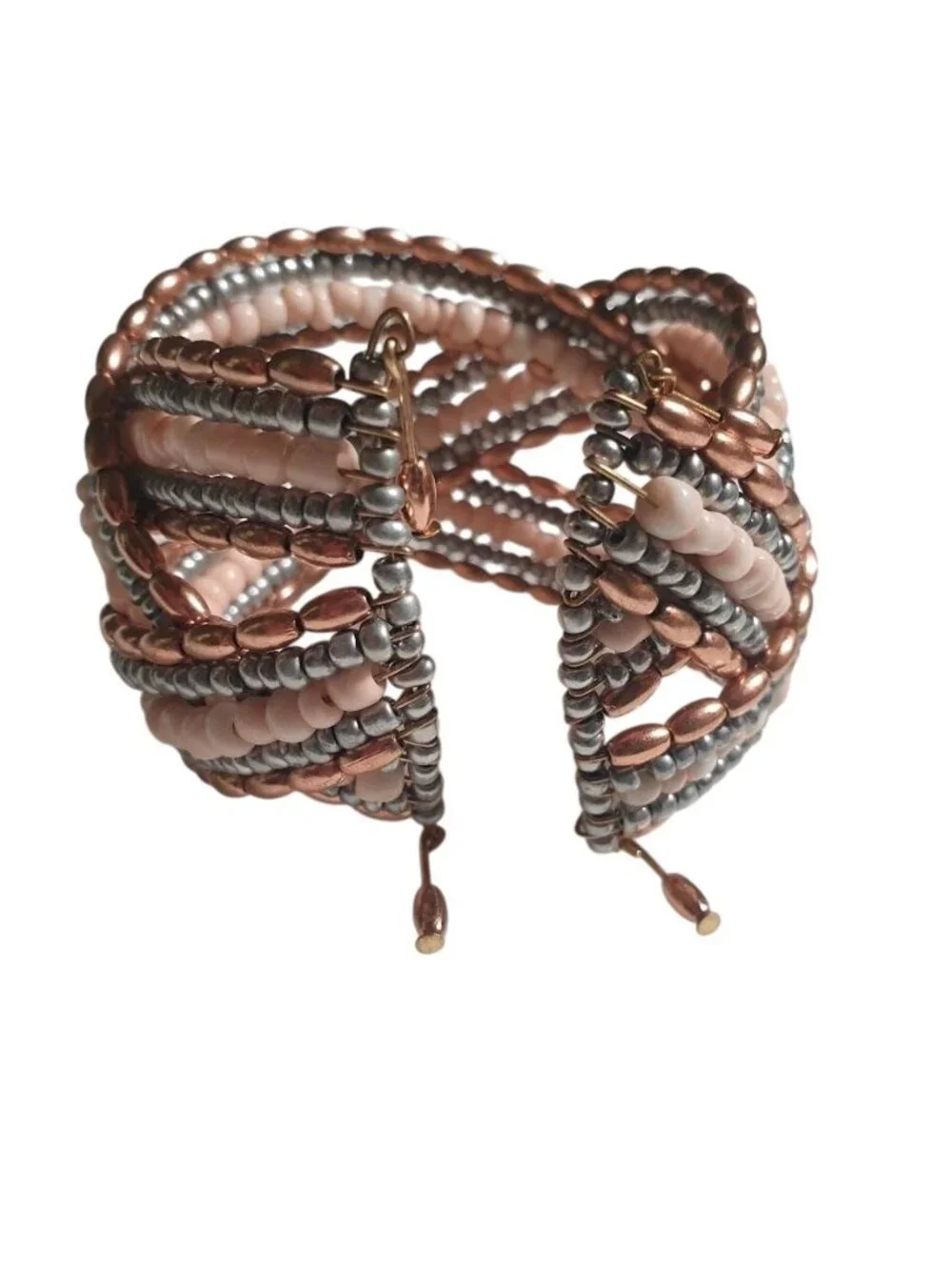 Beaded Cuff Bracelet Silver Pink Rose Gold Adjustable Memory Wire Jewelry Women